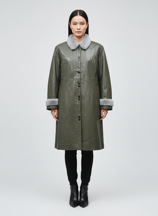 Women's Faux Leather Coat with Fur Collar & Cuffs