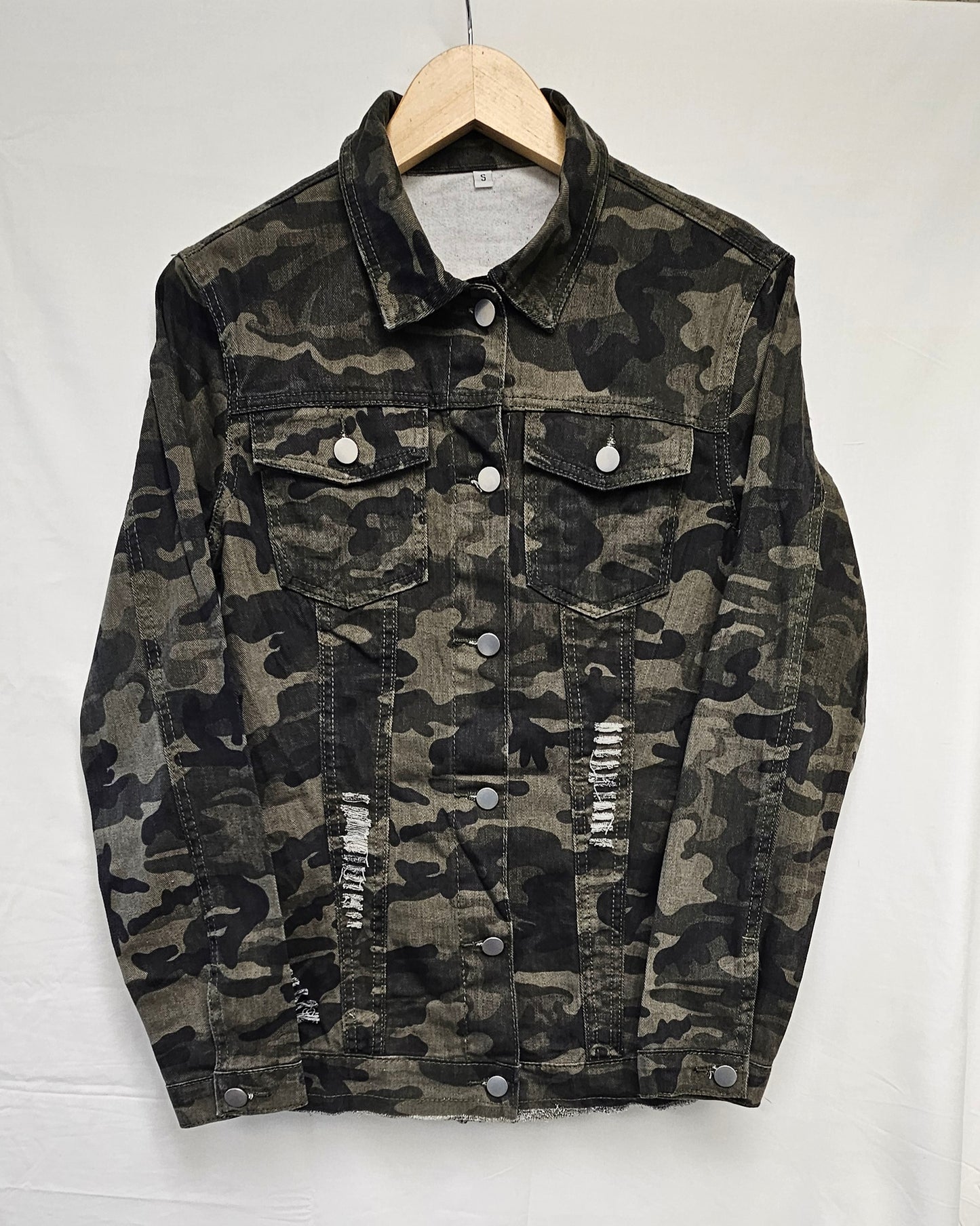 Camo Distressed Denim Jacket - Military Street Style