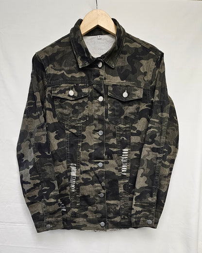 Camo Distressed Denim Jacket - Military Street Style