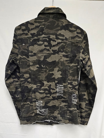 Camo Distressed Denim Jacket - Military Street Style