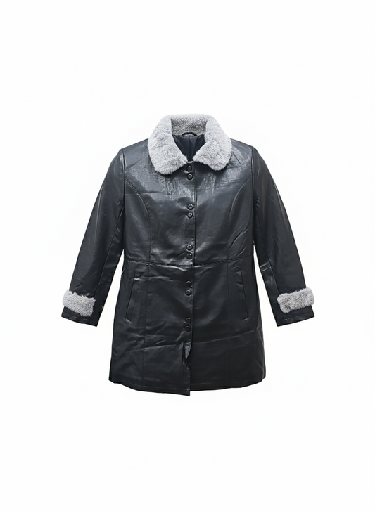 Women's Faux Leather Coat with Fur Collar & Cuffs