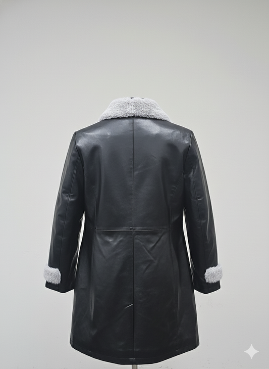 Women's Faux Leather Coat with Fur Collar & Cuffs